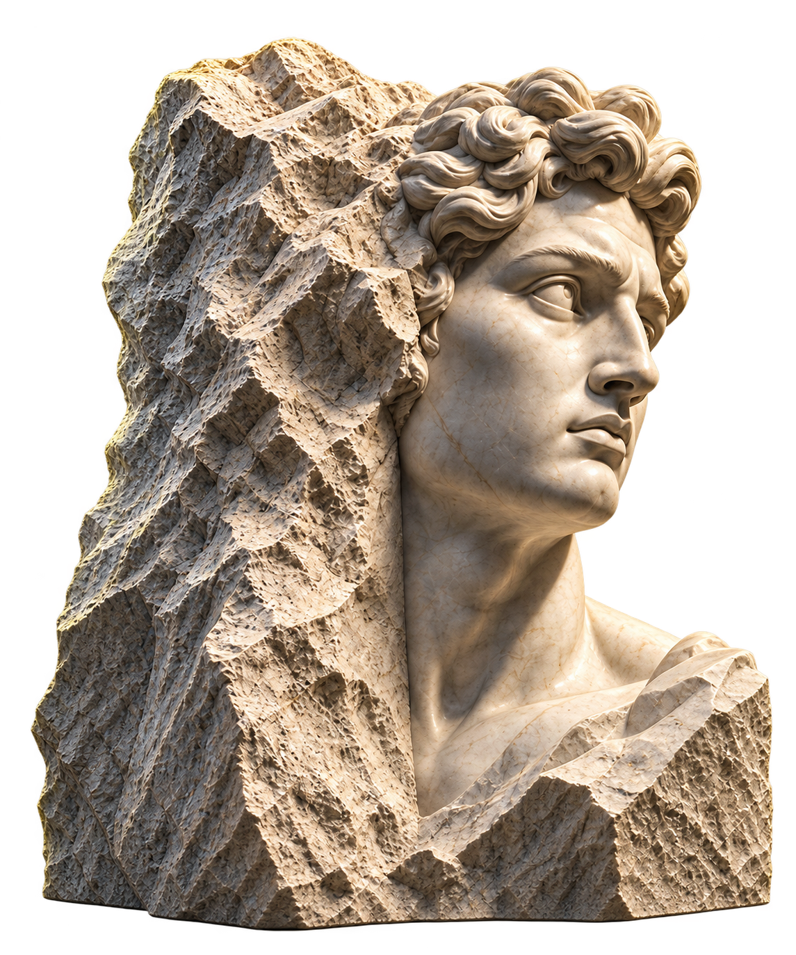Escultura clássica, metade em mármore bruto e metade finalizada